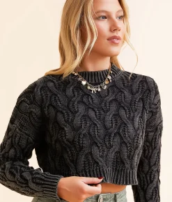 Hyfve Cropped Cable Knit Sweater Black Sale