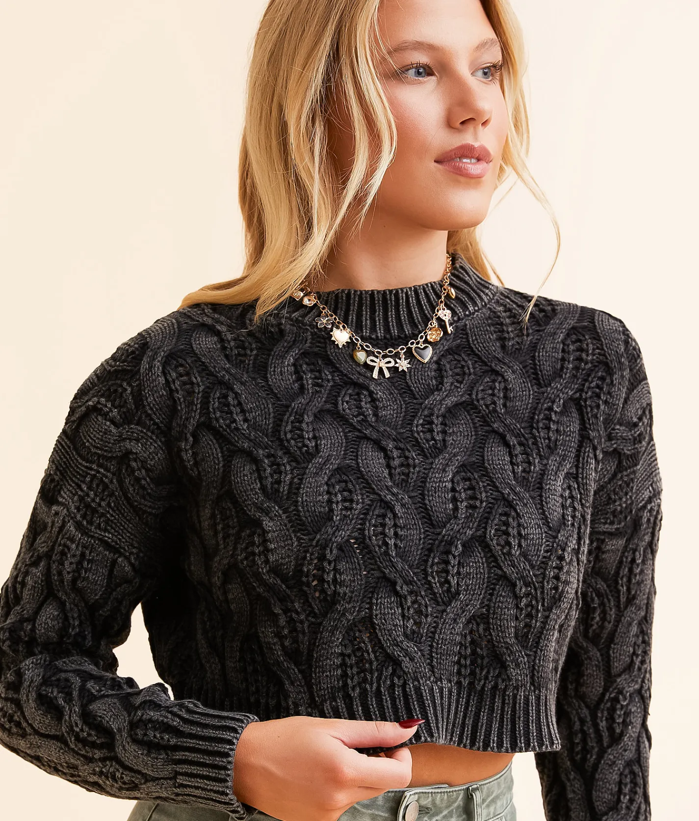 Hyfve Cropped Cable Knit Sweater Black Sale