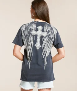 Tops | Affliction Crossed Over T-Shirt Dk Gray Pigment Dye