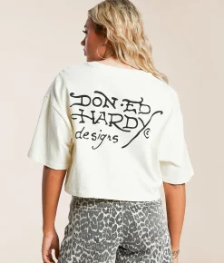 Ed Hardy Cross Heart Cropped T-Shirt Vintage Ivory Sale