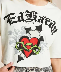 Ed Hardy Cross Heart Cropped T-Shirt Vintage Ivory Sale
