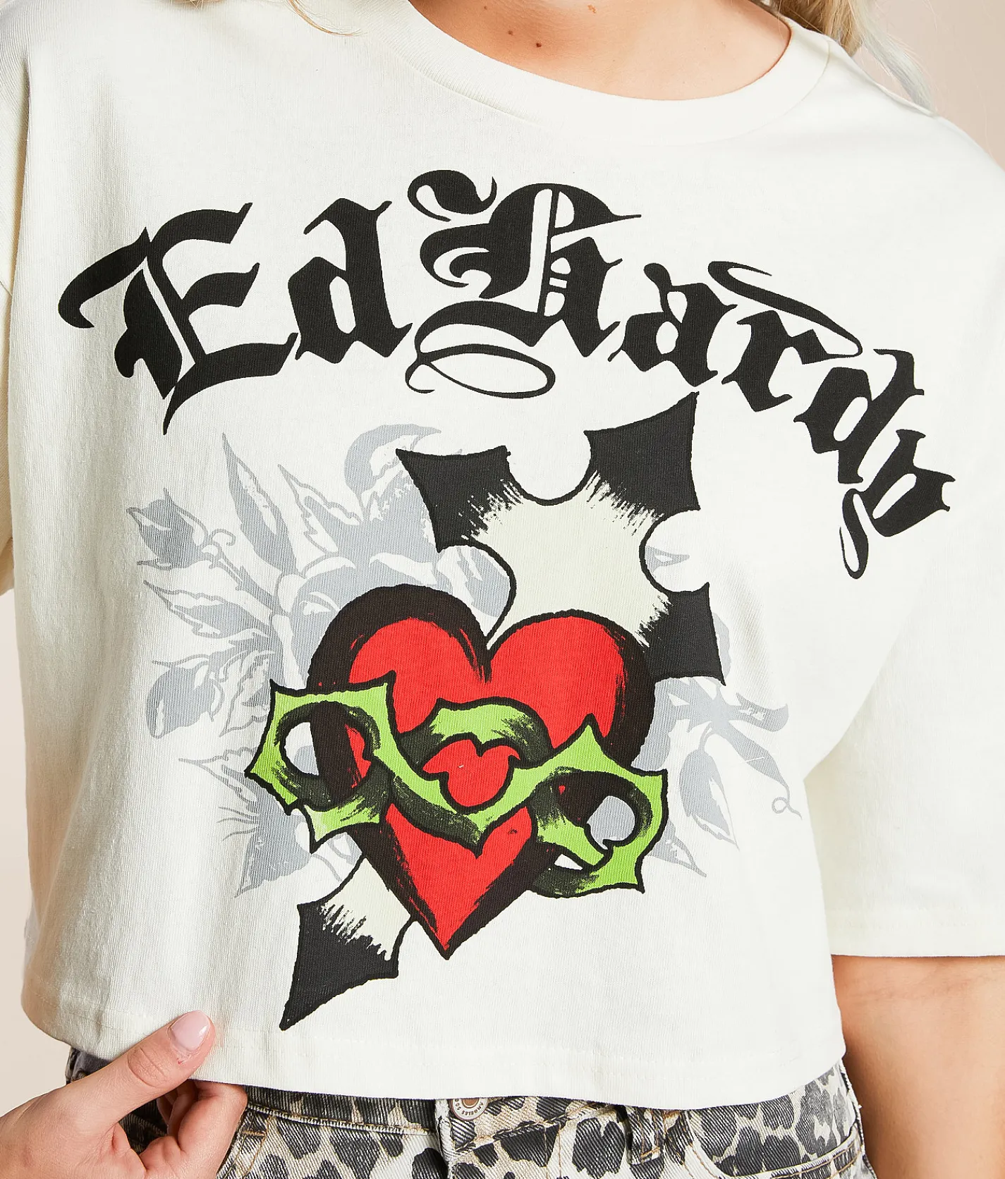 Ed Hardy Cross Heart Cropped T-Shirt Vintage Ivory Sale