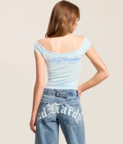 Ed Hardy Cross Wings Off The Shoulder Top Baby Blue New