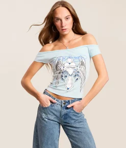 Ed Hardy Cross Wings Off The Shoulder Top Baby Blue New