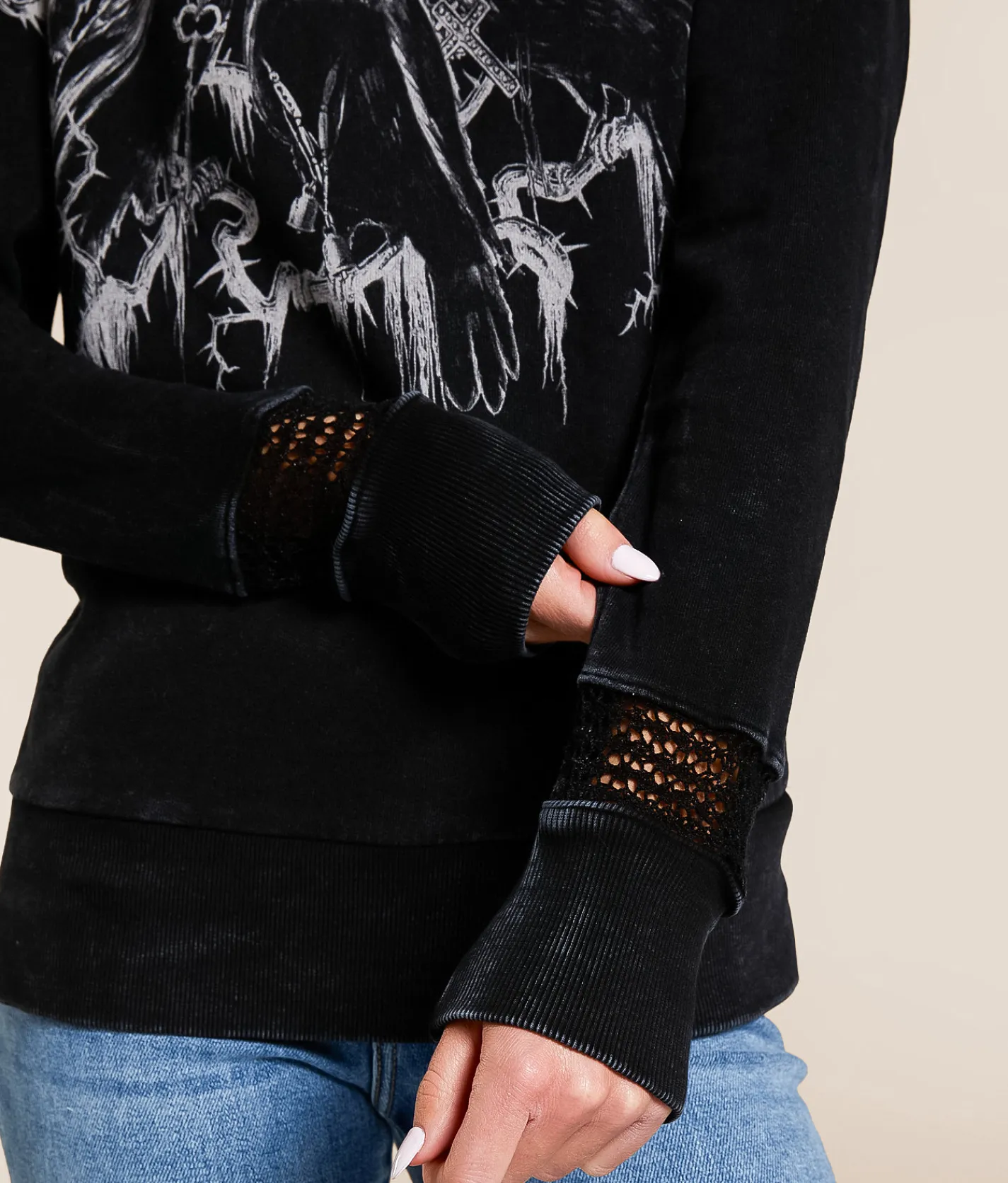 Affliction Crows Pullover Black Lava Wash New