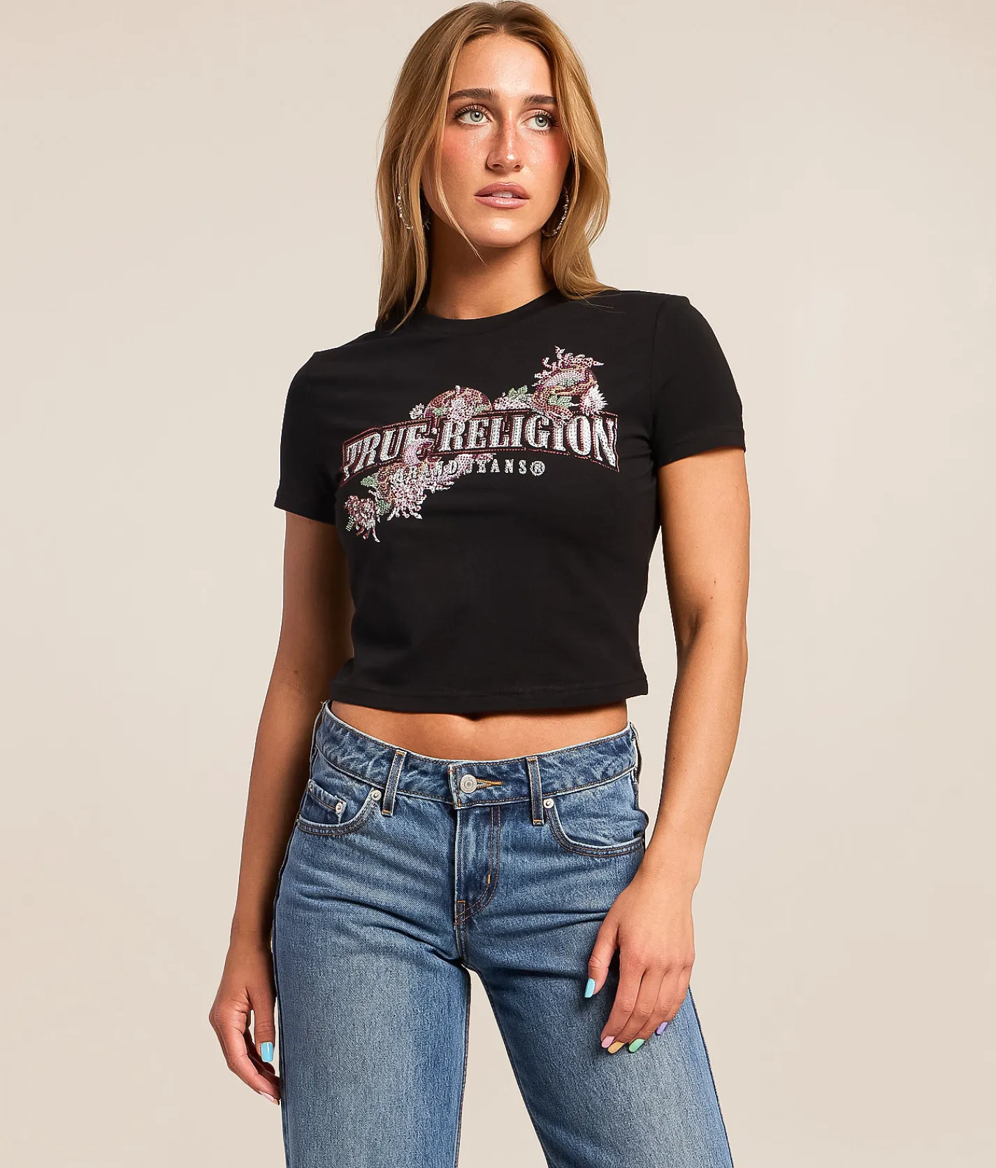 True Religion Crystal Snake Baby Cropped T-Shirt Jet Black New