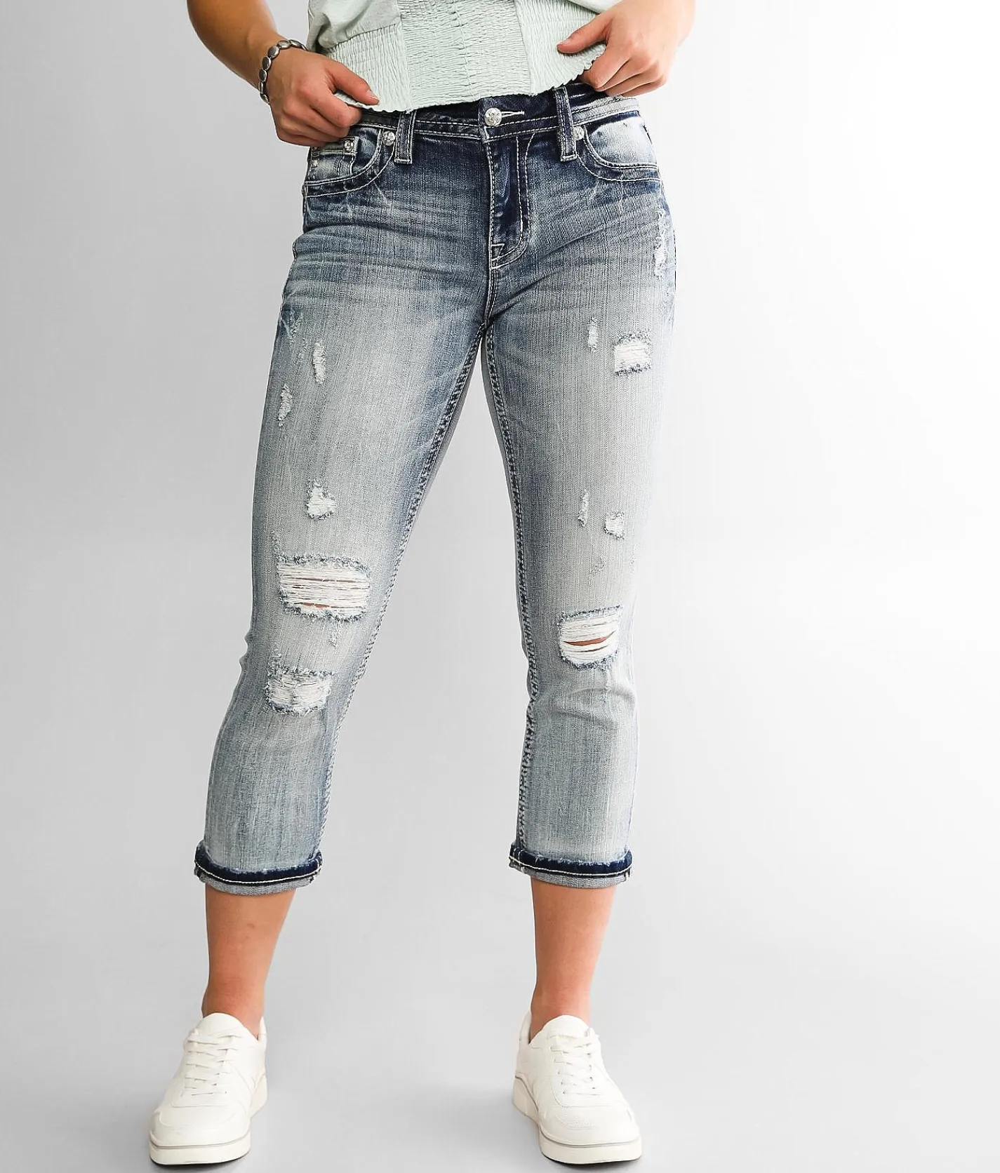 Miss Me Curvy Mid-Rise Cuffed Stretch Capri Jean M458E New