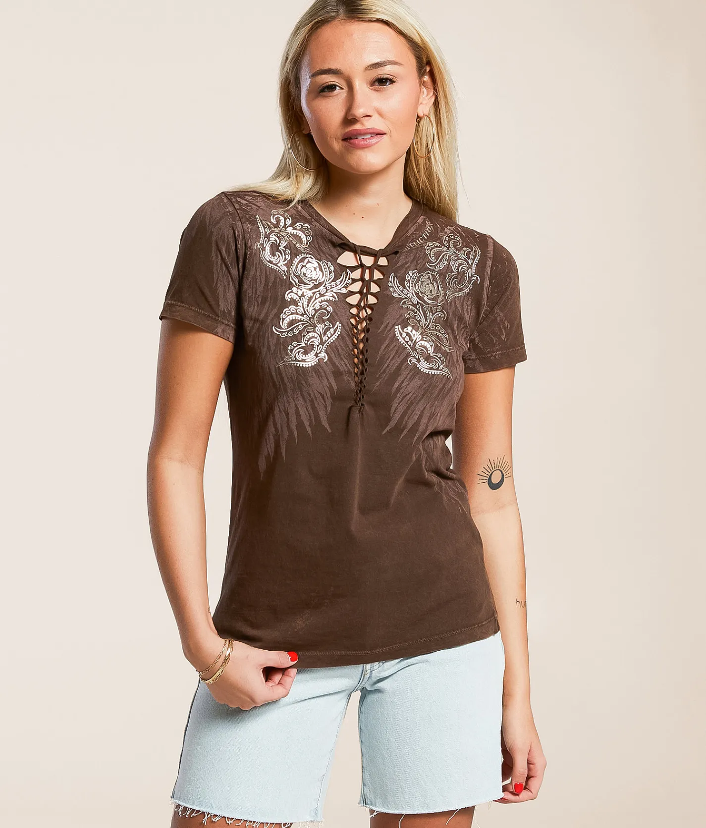 Tops | Affliction Danica Rose T-Shirt Chocolate Lava Wash