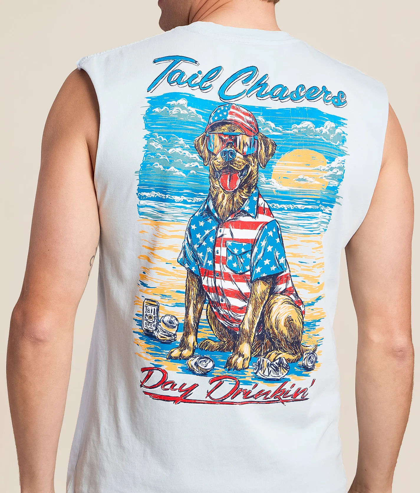 Tail Chasers Club Day Drinkin' Muscle Tank Top Chambray New