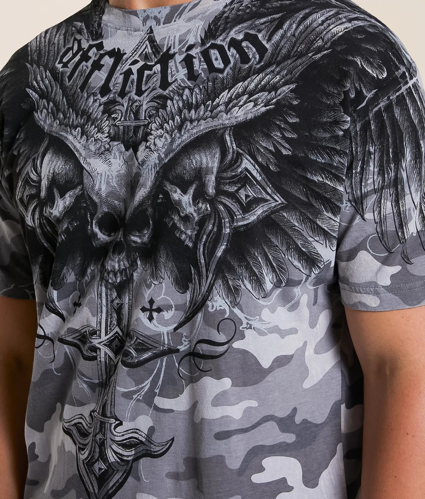 Tops | Affliction Death Eyes T-Shirt Grey Camo Lava Wash