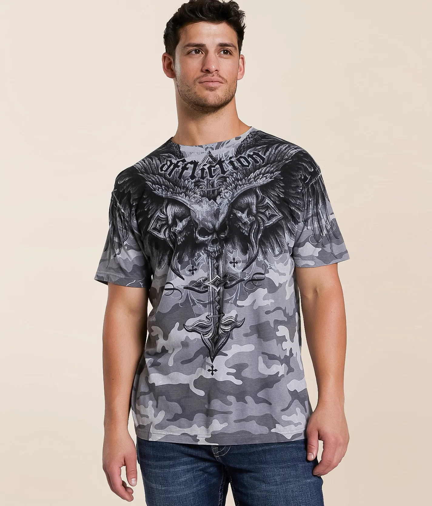 Tops | Affliction Death Eyes T-Shirt Grey Camo Lava Wash