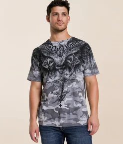 Affliction Death Eyes T-Shirt Grey Camo Lava Wash Outlet