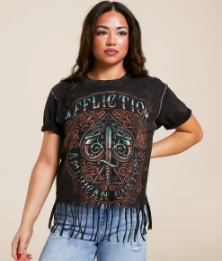 Affliction Death Spade Chrome Fringe T-Shirt Black Brown Lava Wash Discount