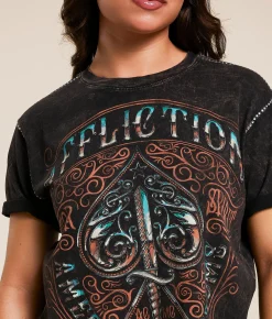 Affliction Death Spade Chrome Fringe T-Shirt Black Brown Lava Wash Discount
