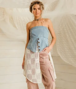 Gimmicks Denim & Lace Tube Top Blue Cream Best