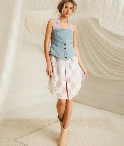 Gimmicks Denim & Lace Tube Top Blue Cream Best