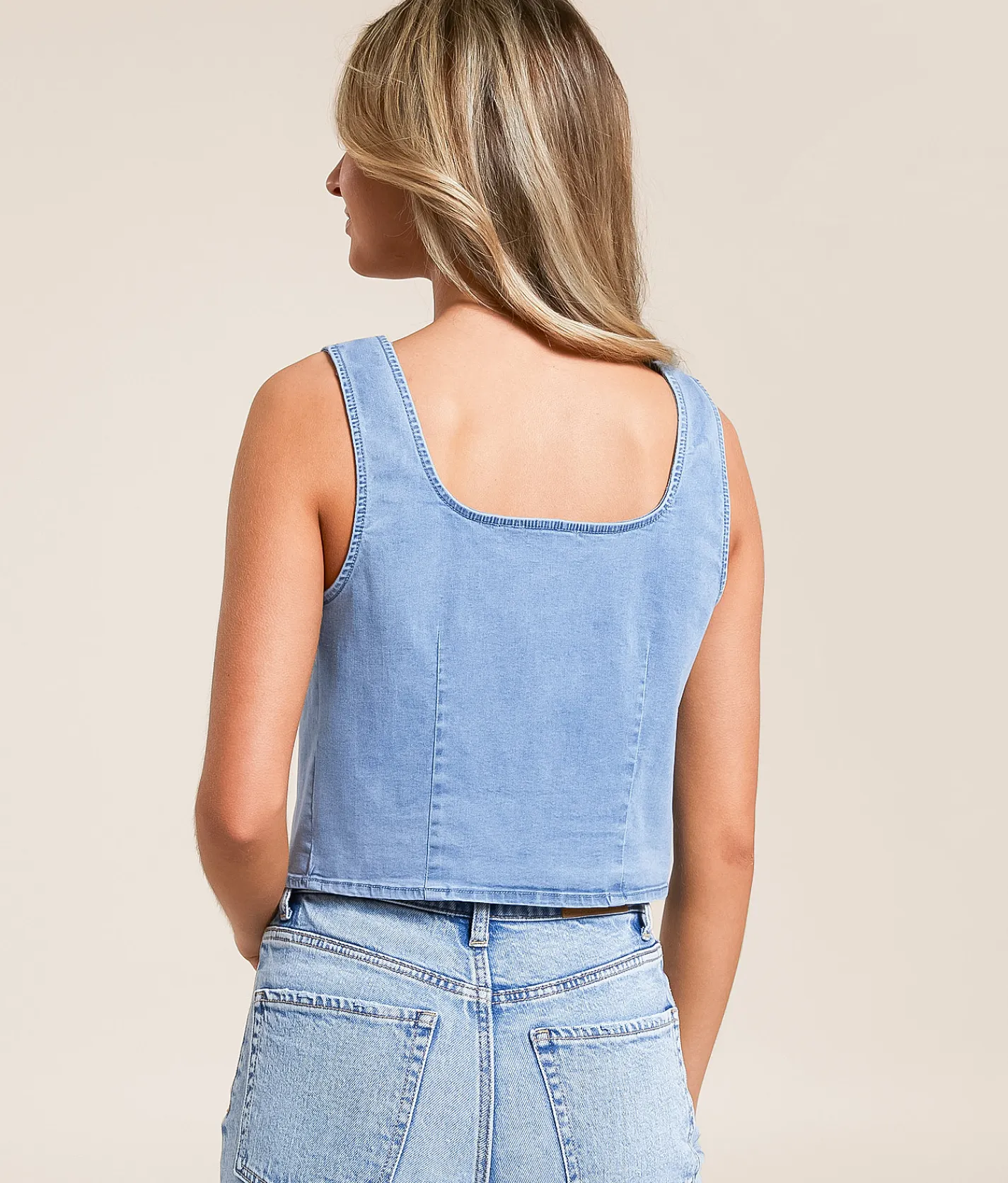 Willow & Root Denim Front Tie Cropped Tank Top Blue Clearance