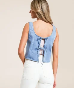 Willow & Root Denim Front Tie Cropped Tank Top Blue Clearance
