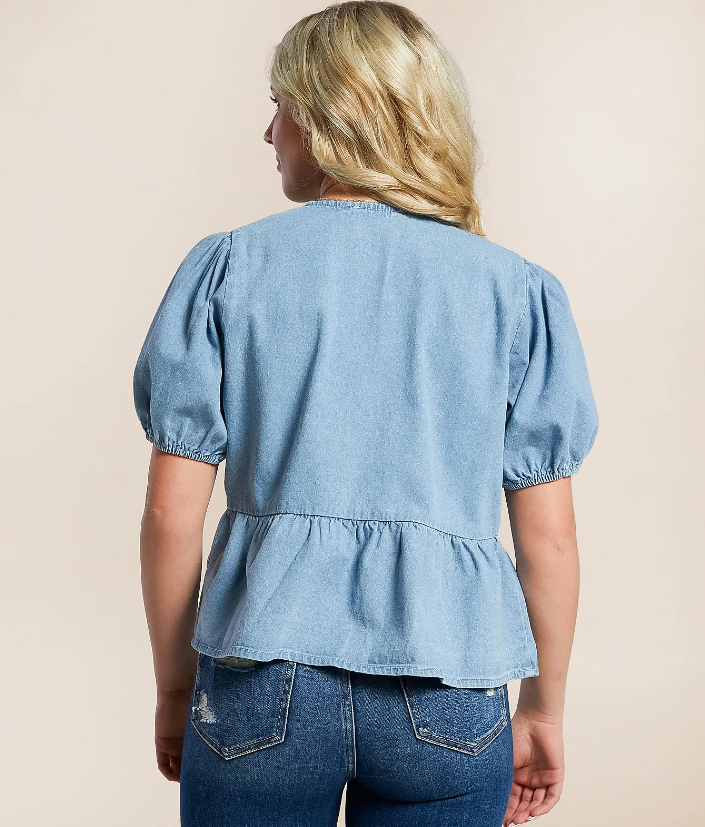 Tops | Blue B Denim Front Tie Peplum Top Light Wash
