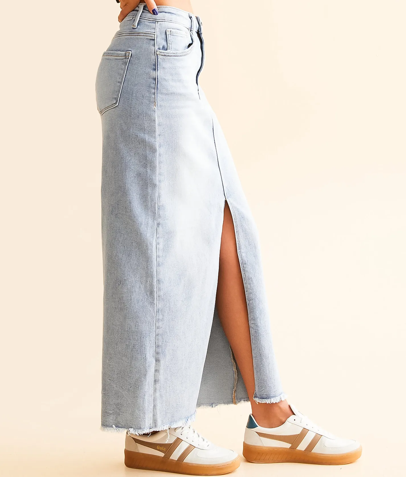 Bottoms | Risen Denim Maxi Stretch Skirt Light
