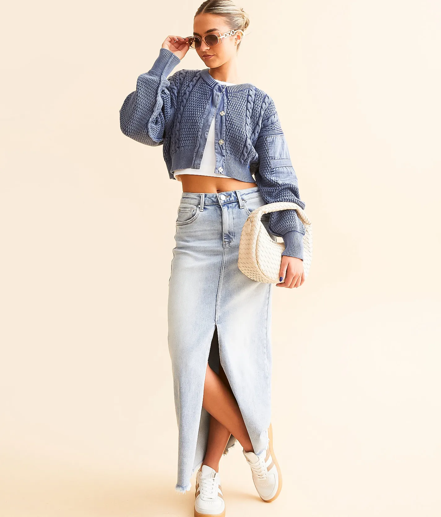 Bottoms | Risen Denim Maxi Stretch Skirt Light