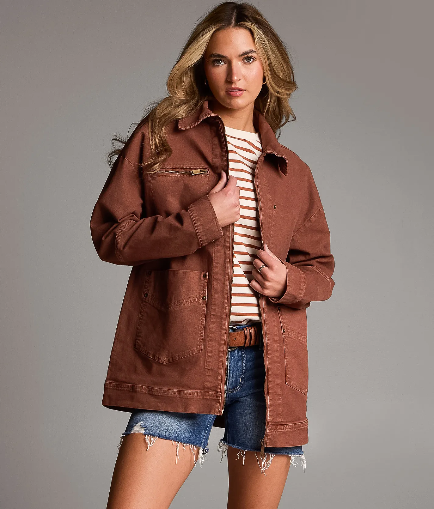 BKE Denim Stretch Barn Jacket Washed Brown Discount