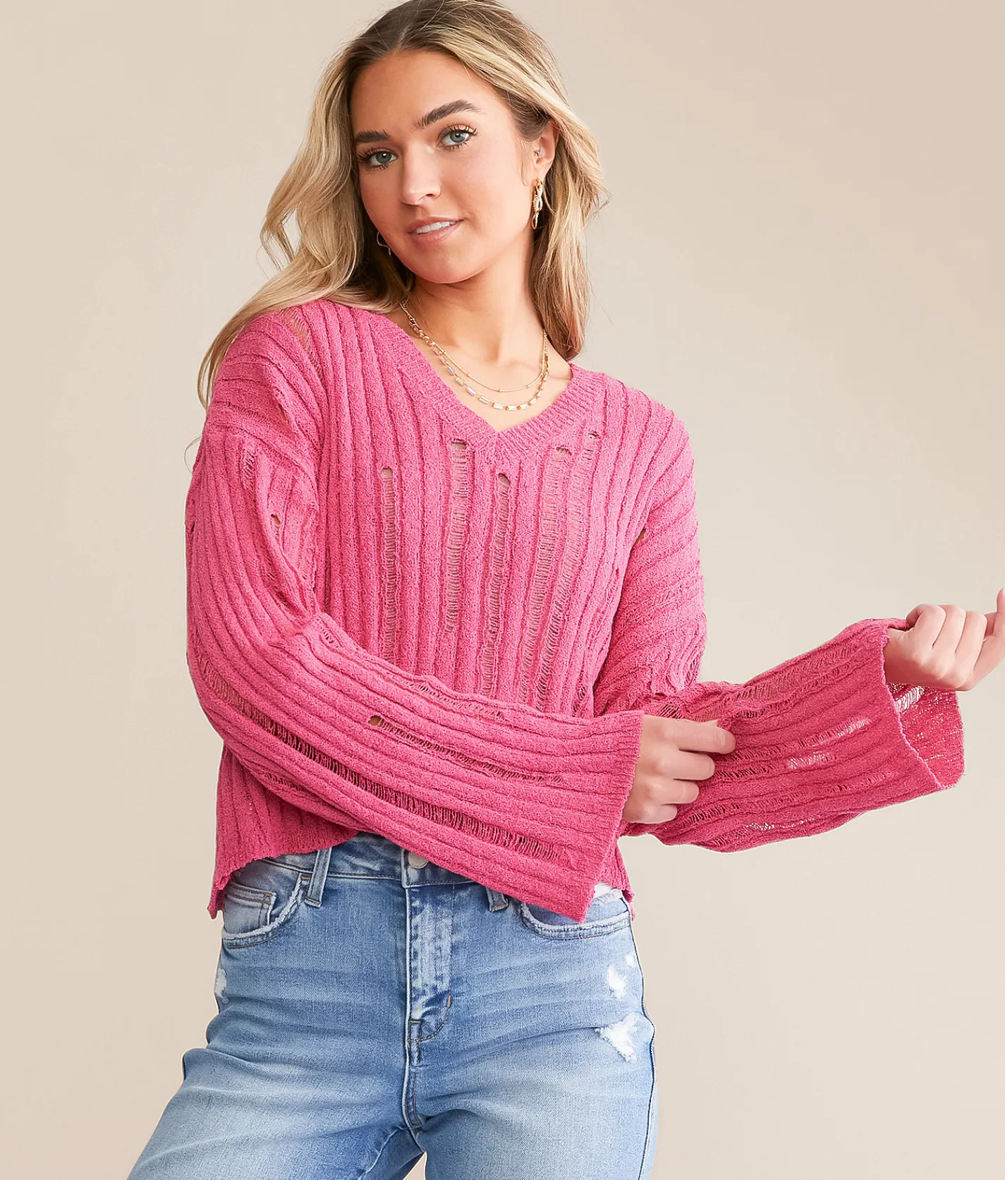 Willow & Root Destructed Boxy Cropped Sweater Fuchsia Purple Best