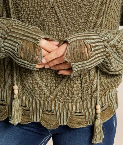 Tops | Miss Me Destructed Cable Knit Hooded Sweater Olive Green