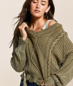 Tops | Miss Me Destructed Cable Knit Hooded Sweater Olive Green