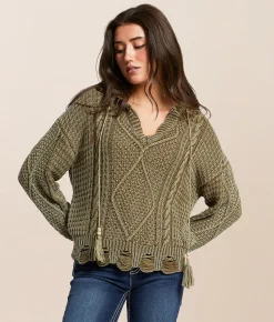 Tops | Miss Me Destructed Cable Knit Hooded Sweater Olive Green