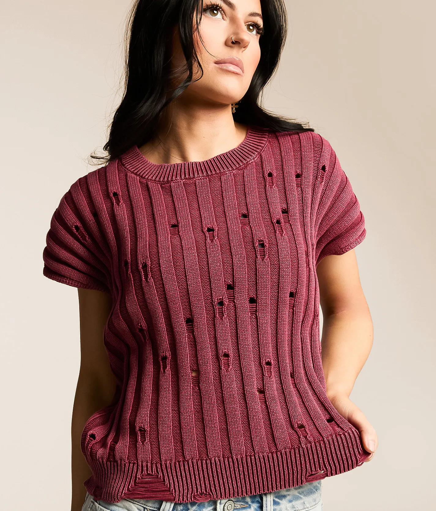 Gilded Intent Destructed Dolman Sweater Burgandy Online