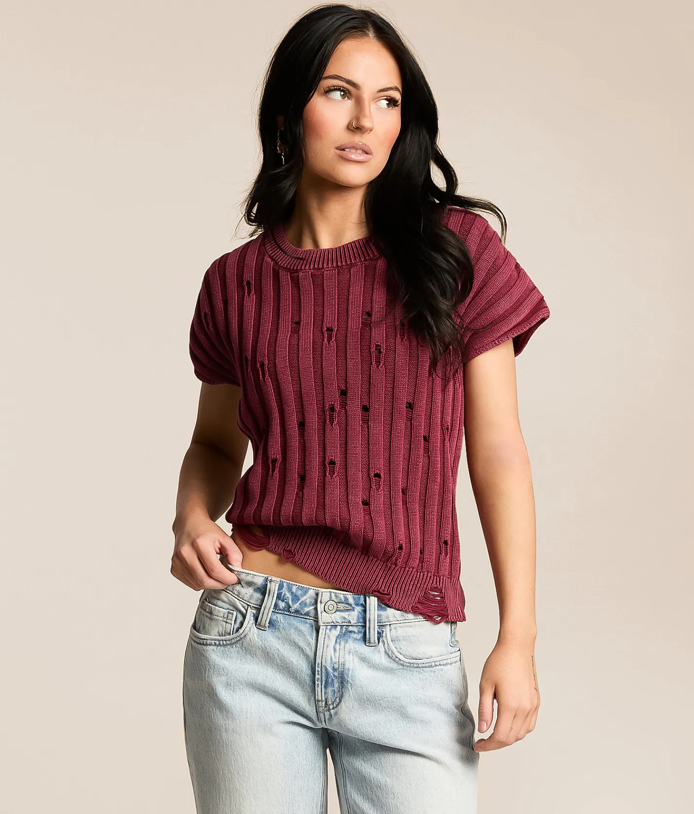 Gilded Intent Destructed Dolman Sweater Burgandy Online