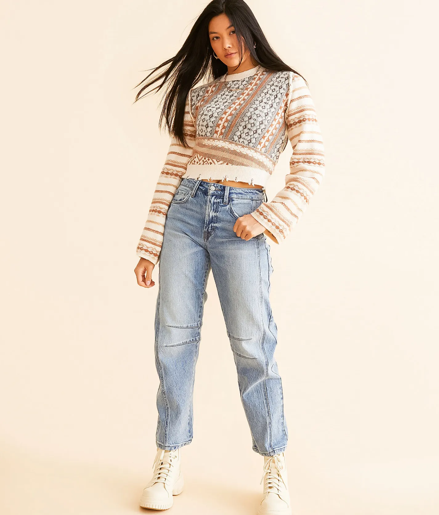Gilded Intent Destructed Mixed Print Sweater Cream Rust Best