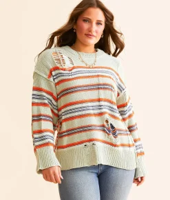 Timing Destructed Mix Striped Sweater Cream Mauve Sale