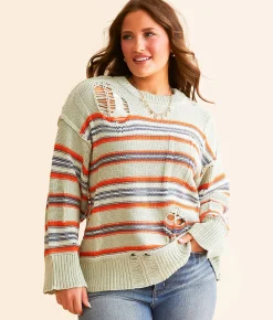 Timing Destructed Mix Striped Sweater Cream Mauve Sale