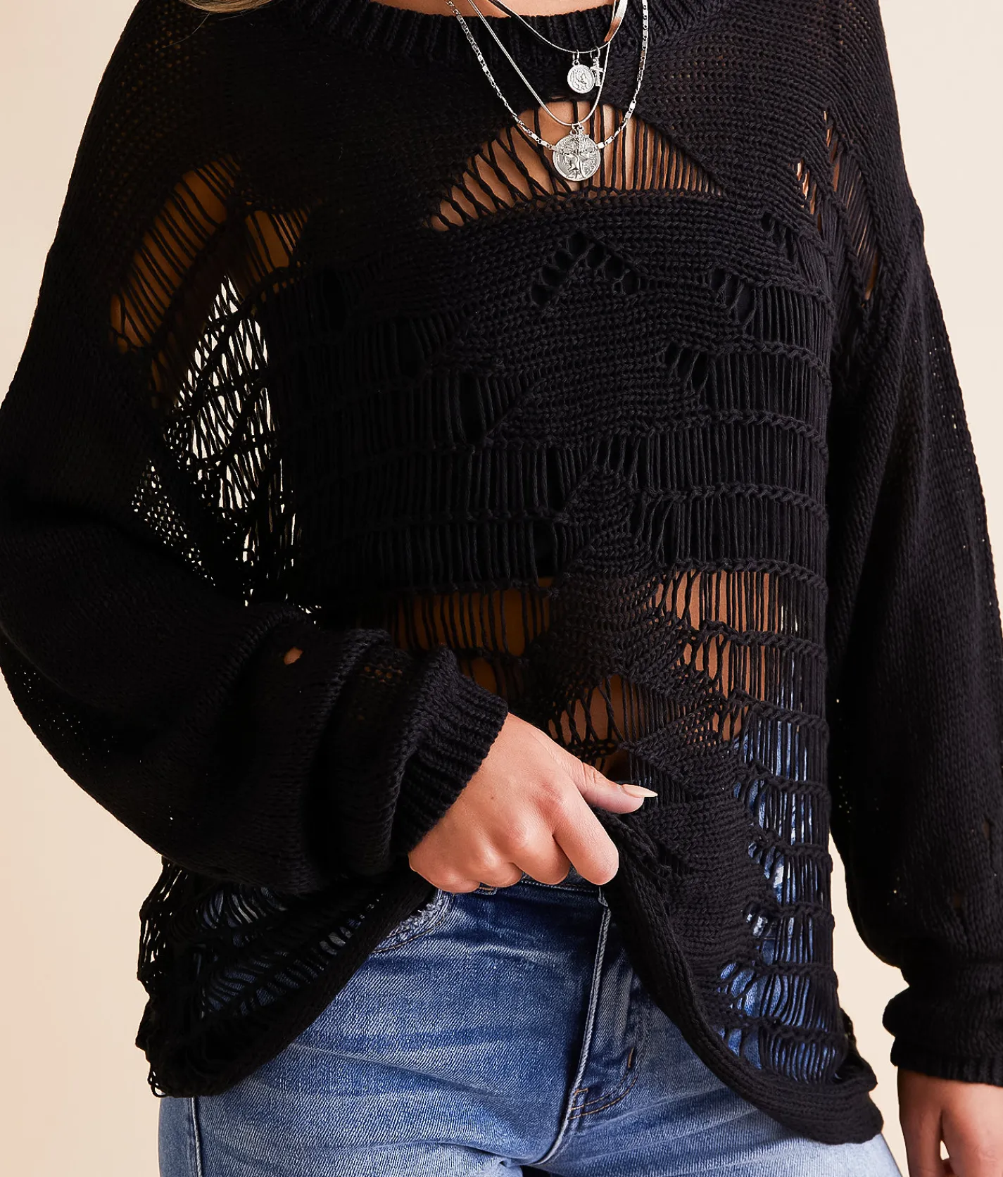 Tops | Daytrip Destructed Sweater Black