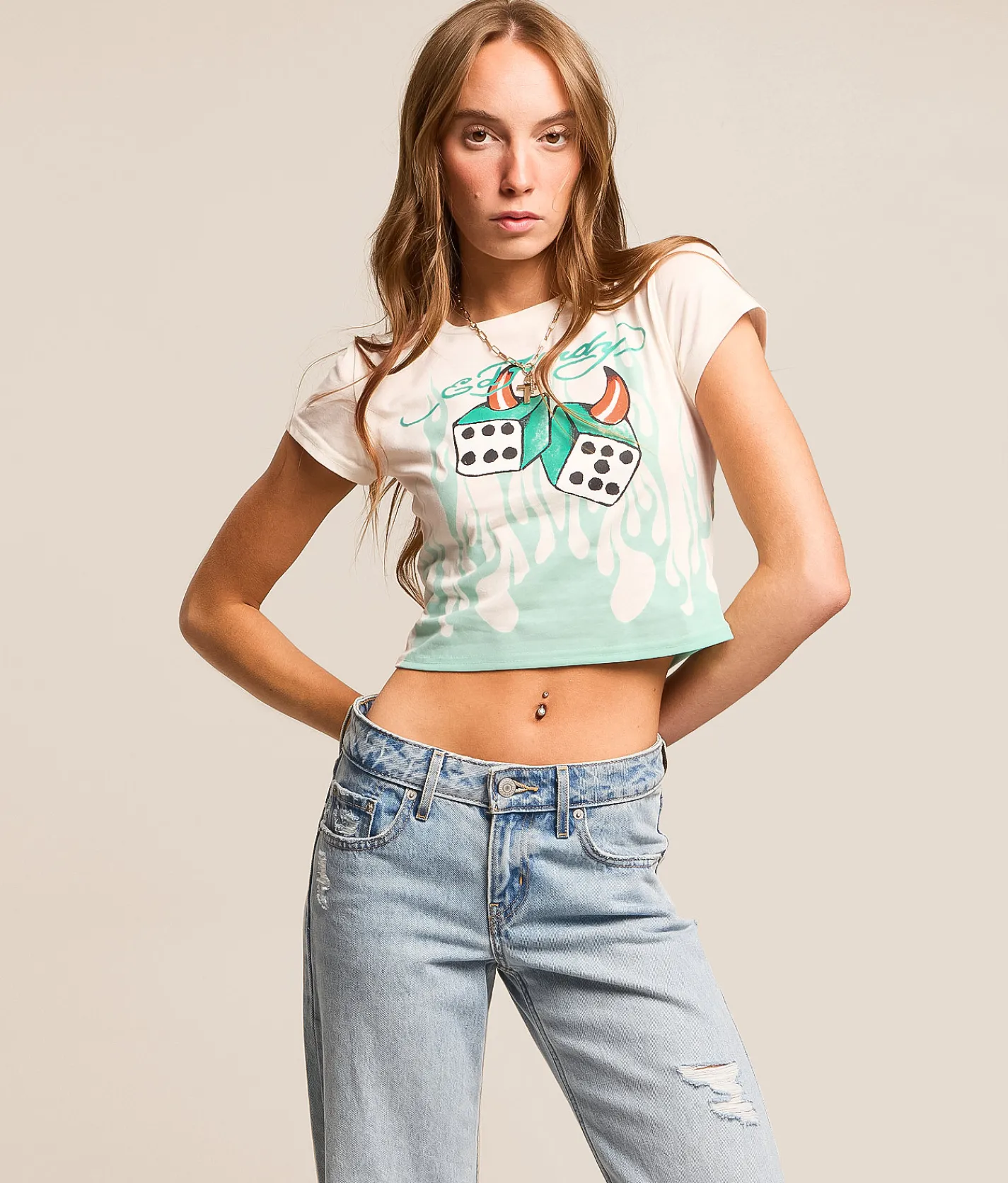 Ed Hardy Deviled Dice Baby Cropped T-Shirt Ivory