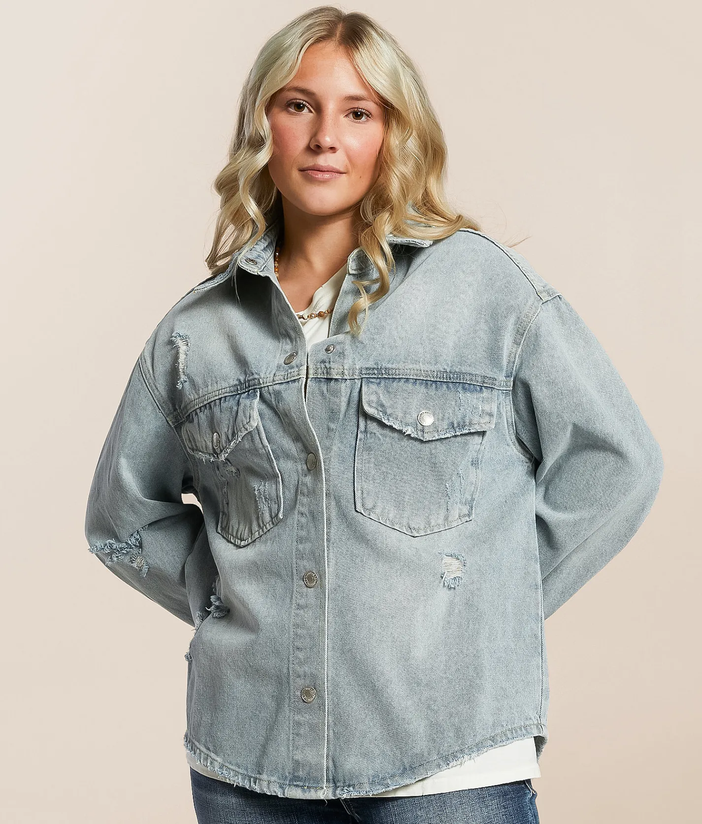 Tops|Coats & Jackets | Signature 8 Distressed Denim Shacket Medium Denim