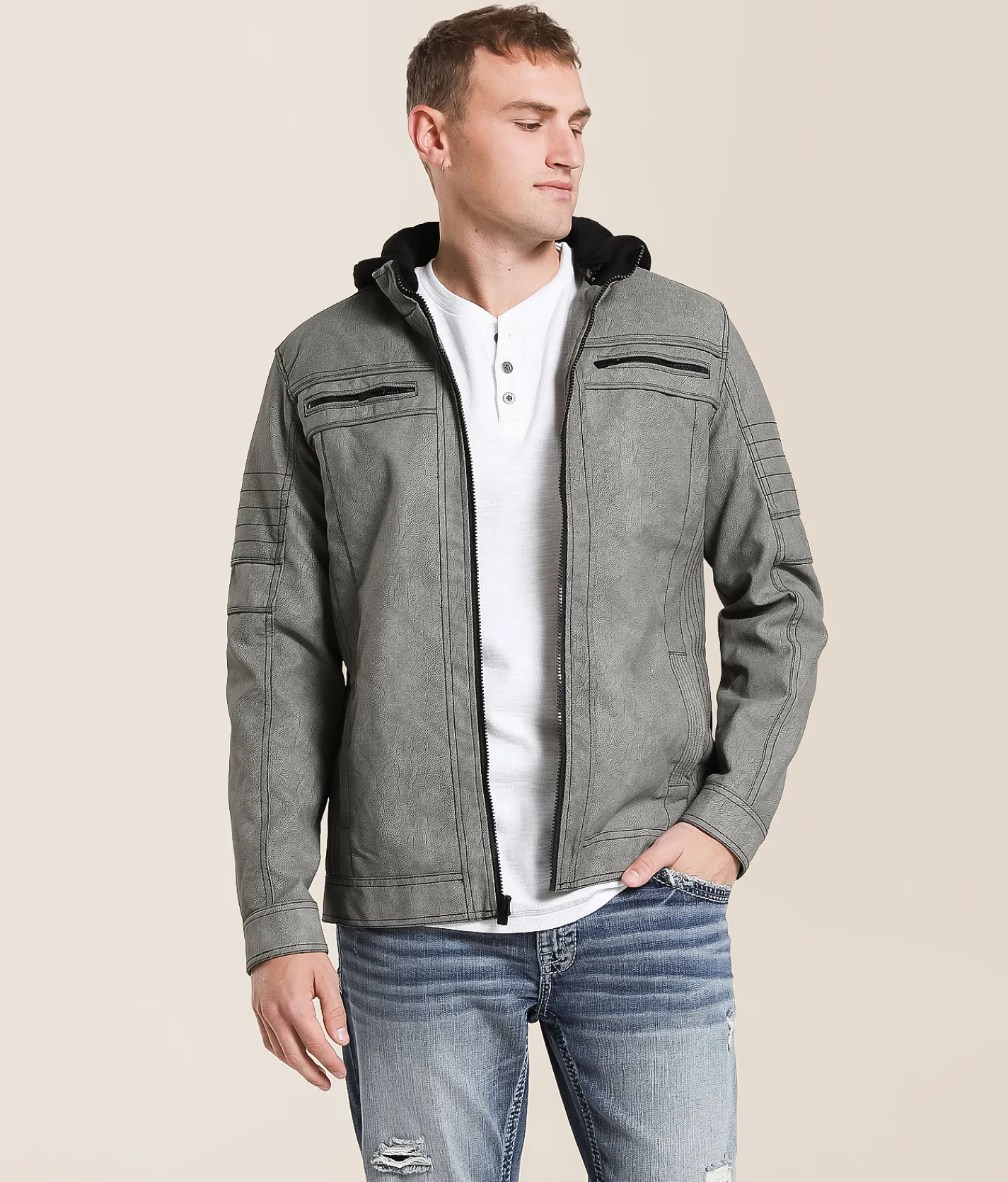 Buckle Black Distressed Faux Leather Hooded Jacket Grey Clearance