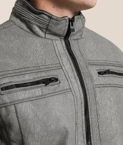 Buckle Black Distressed Faux Leather Hooded Jacket Grey Clearance