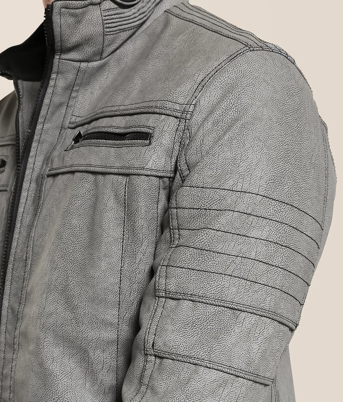 Buckle Black Distressed Faux Leather Hooded Jacket Grey Clearance