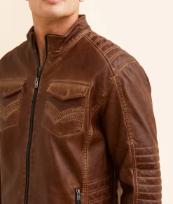 Buckle Black Distressed Faux Leather Jacket Cognac Clearance