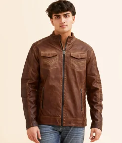 Buckle Black Distressed Faux Leather Jacket Cognac Clearance
