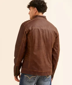 Buckle Black Distressed Faux Leather Jacket Cognac Clearance