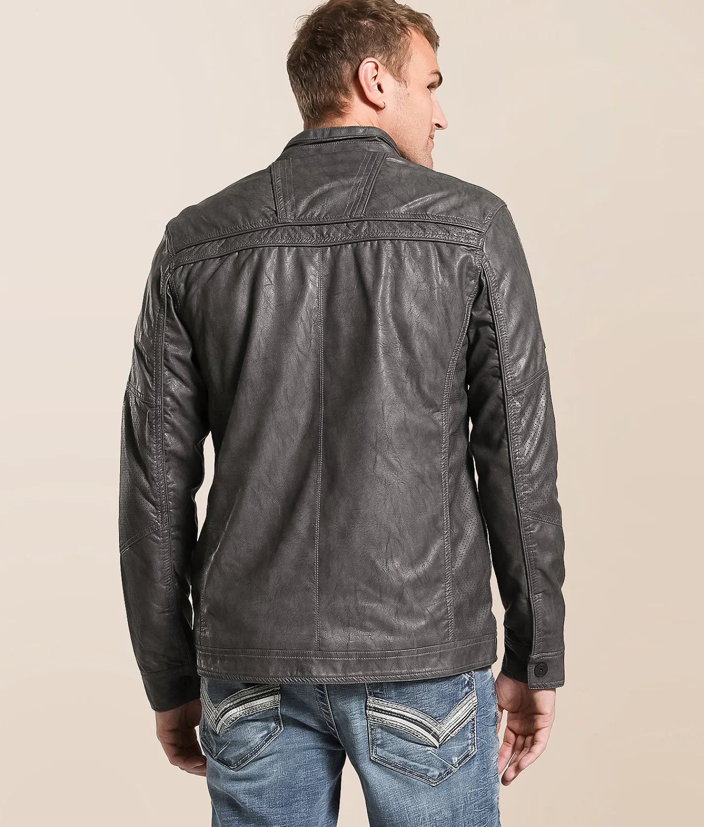 Buckle Black Distressed Faux Leather Jacket Grey Online