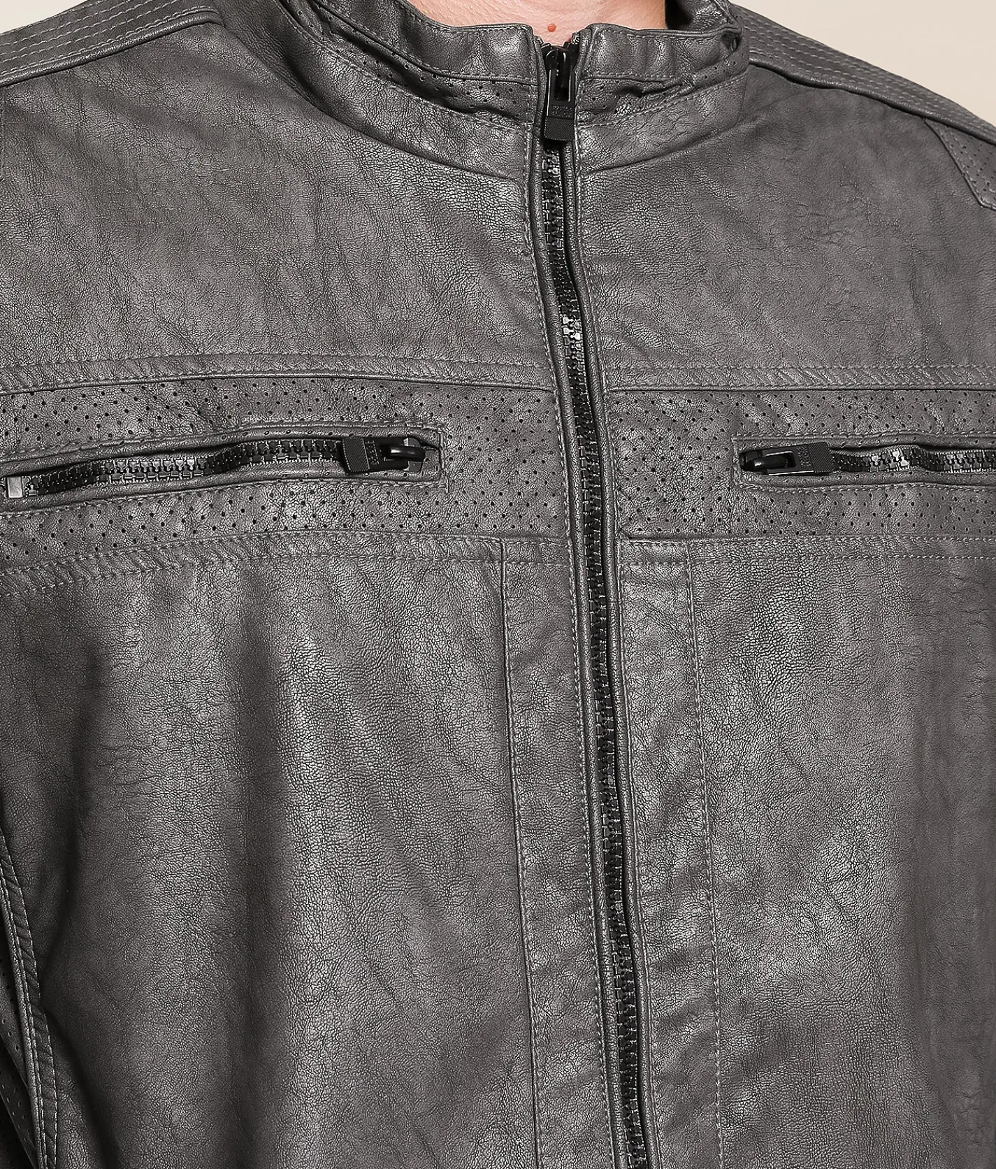 Buckle Black Distressed Faux Leather Jacket Grey Online