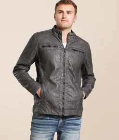 Buckle Black Distressed Faux Leather Jacket Grey Online