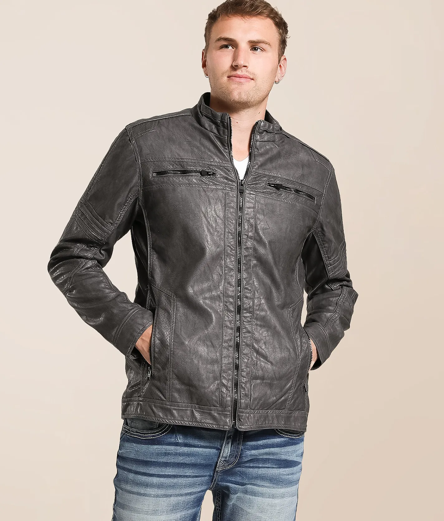 Buckle Black Distressed Faux Leather Jacket Grey Online