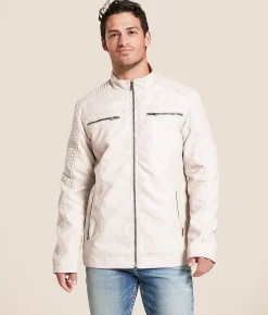 Buckle Black Distressed Faux Leather Jacket Cream Online