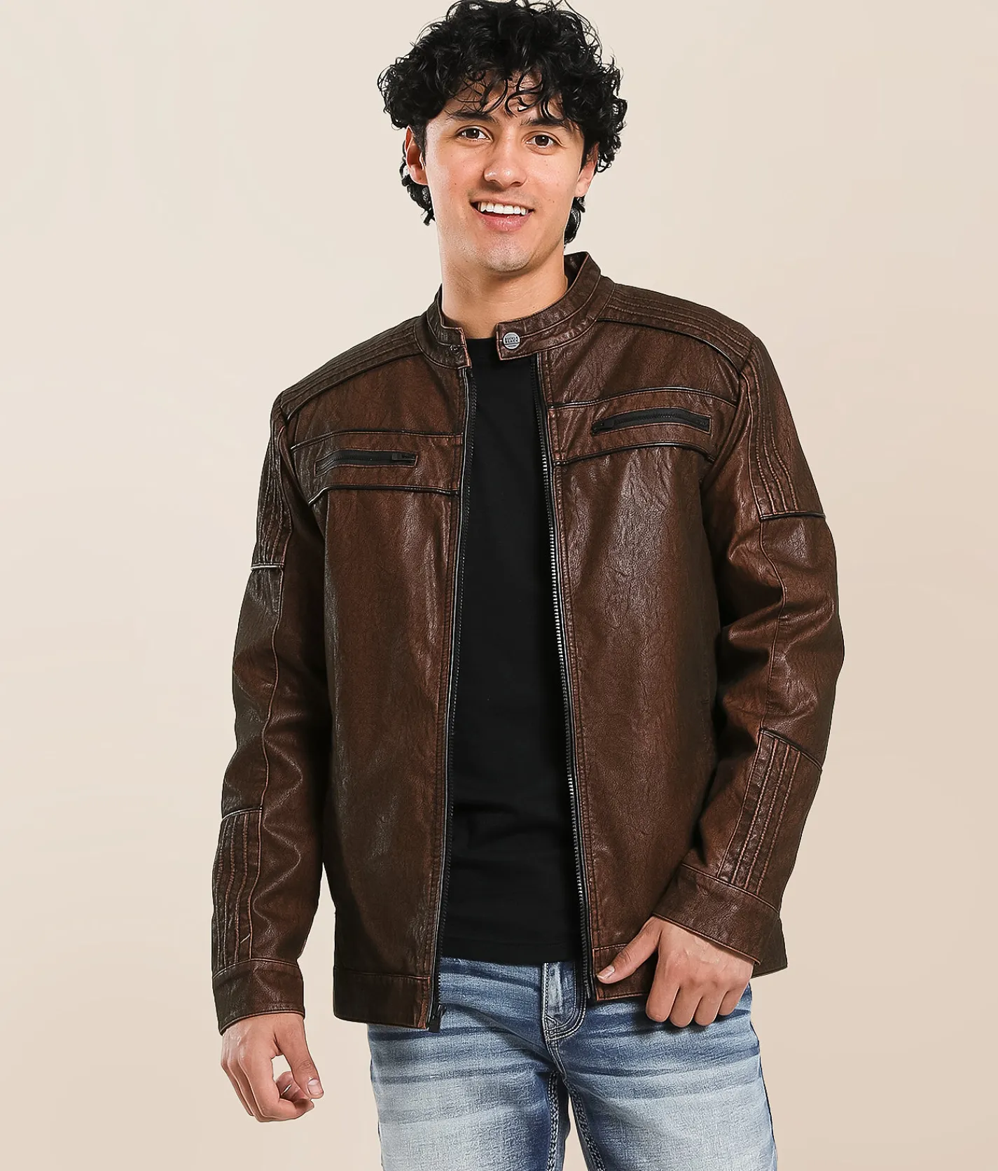 Tops|Coats & Jackets | Buckle Black Distressed Pleather Jacket Tobacco